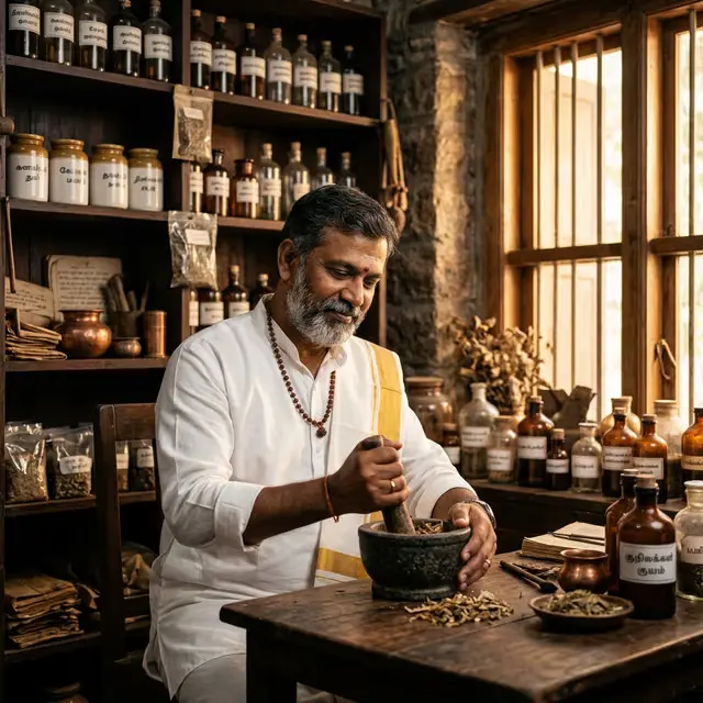 Ayurvedic practitioner grinding herbs with a mortar and pestle